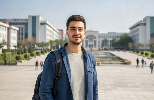 üniversite kampüsünde bir erkek üniversite öğrencisi 