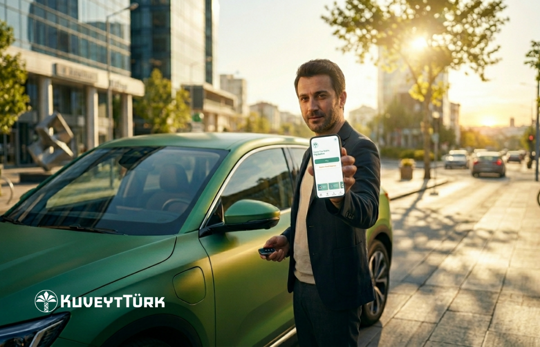 Kuveyt Türk mobil uygulamasından araç finansmanı başvurusunu gösteren bir kişi ve arkasında park halinde elektrikli araç