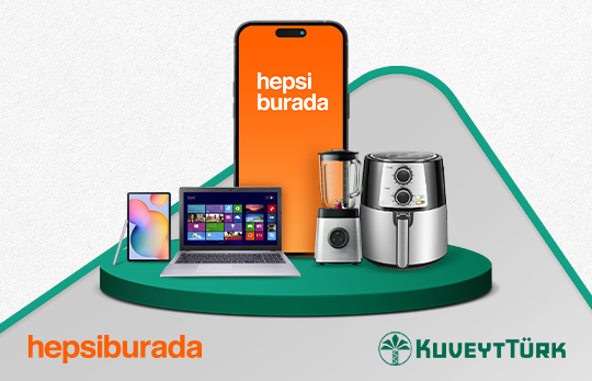 Yeşil zemin üzerinde elektronik eşya görselleri Hepsiburada ve Kuveyt Türk Logosu