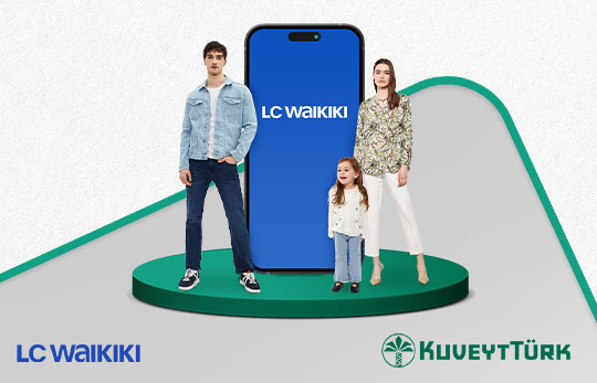 Yeşil zemin üzerinde cep telefonu ve aile Lc Waikiki Kuveyt Türk logosu