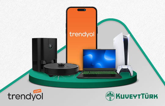 yeşil zemin üzerinde elektonik eşyalar Trendyol ve Kuveyt Türk logosu