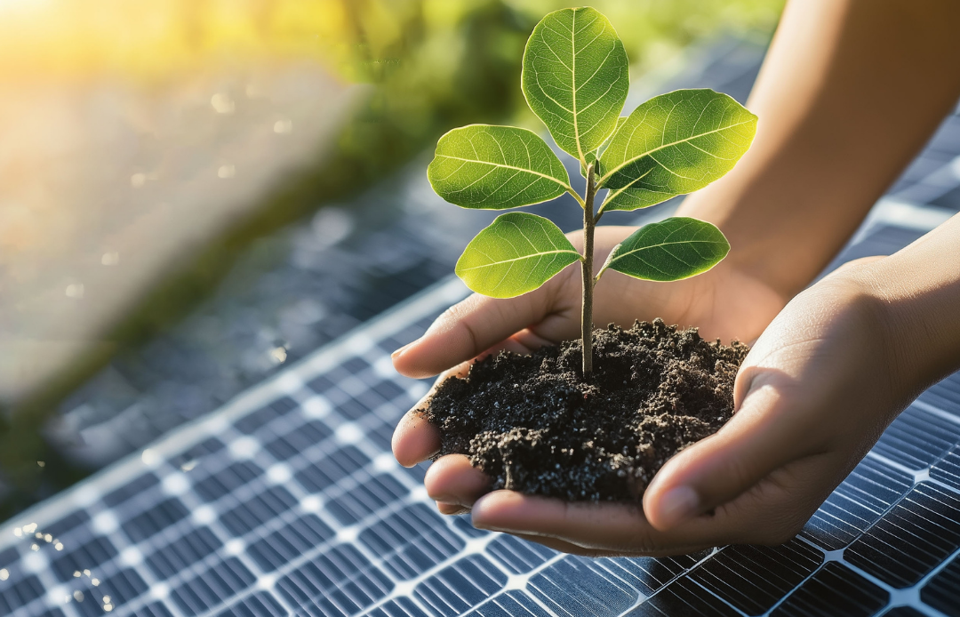 hands holding a seedling on a solar panel