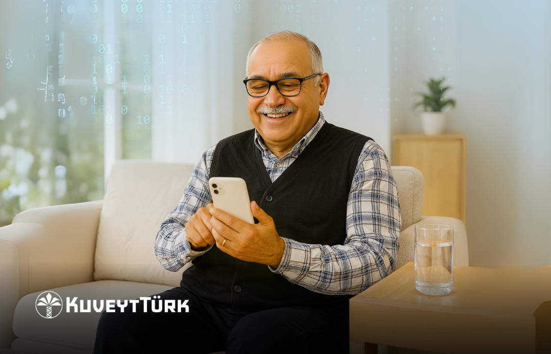  retired uncle looking at his phone and smiling