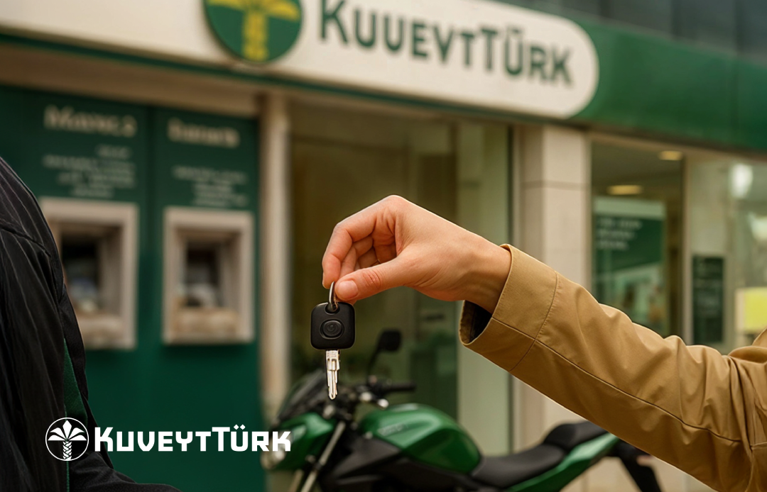 A hand extending a motorcycle key in front of a Kuveyt Türk branch with a green motorcycle behind it