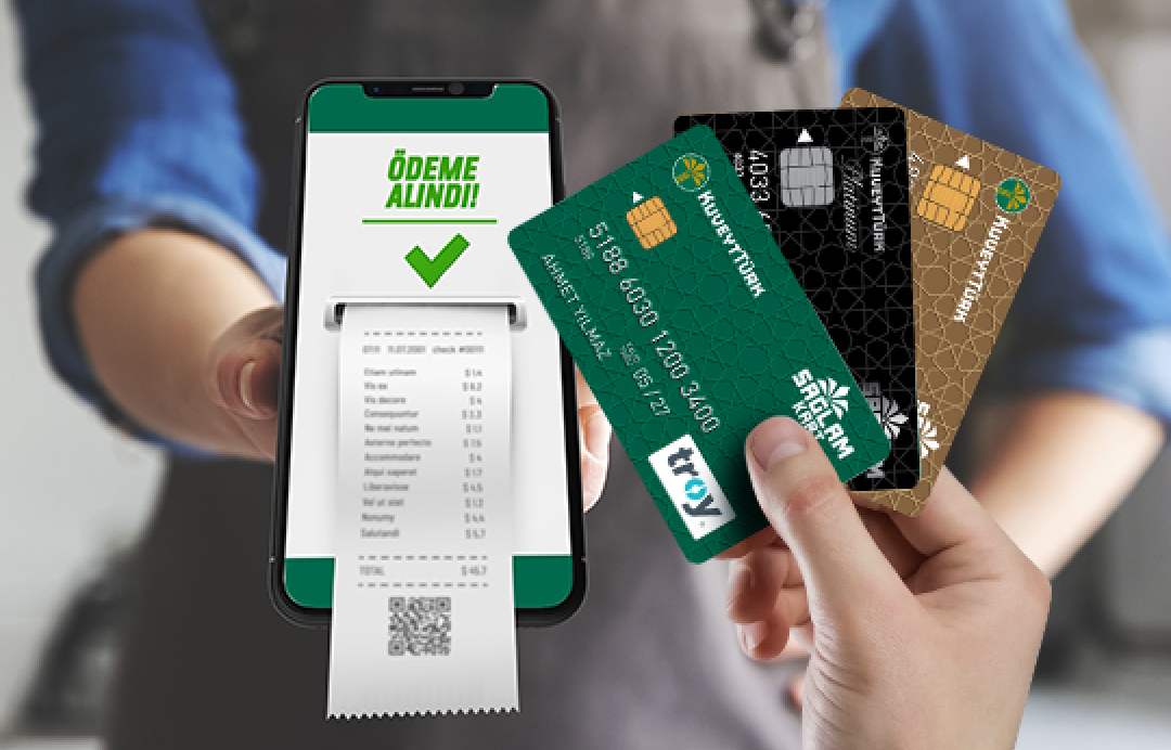 Mobile payment screen showing receipt with credit cards in hand
