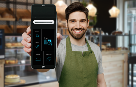 Barista showing smartphone payment screen in a cafe