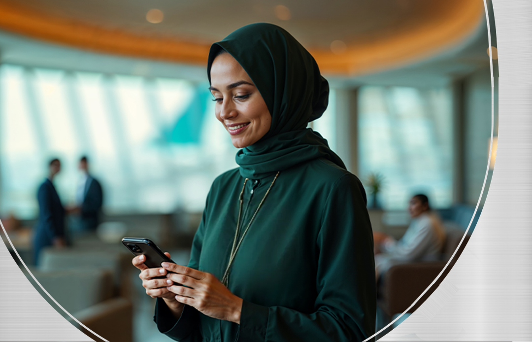 Female customer connecting to the internet from her phone abroad