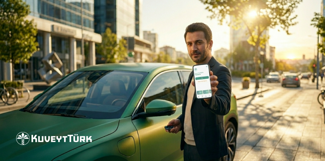 Kuveyt Türk mobil uygulamasından araç finansmanı başvurusunu gösteren bir kişi ve arkasında park halinde elektrikli araç