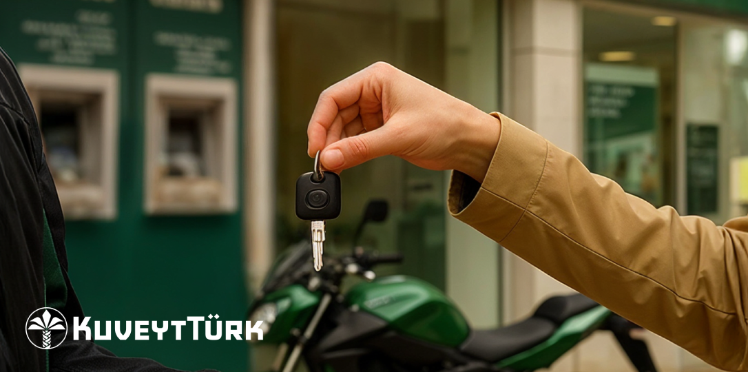 Kuveyt Türk şubesi önünde motosiklet anahtarı uzatan bir el ve arkada yeşil motosiklet