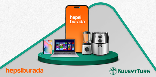 Yeşil zemin üzerinde elektronik eşya görselleri Hepsiburada ve Kuveyt Türk Logosu