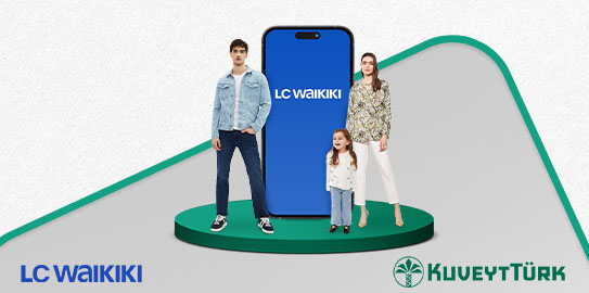 Yeşil zemin üzerinde cep telefonu ve aile Lc Waikiki Kuveyt Türk logosu