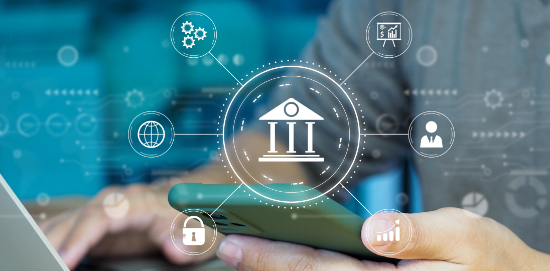 Icons related to financial transactions and a hand holding a phone