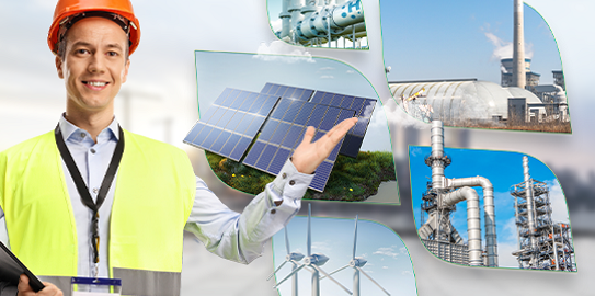 arka planda enerji sistemlerini gösteren kasklı işçi