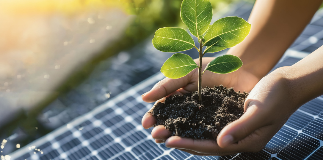 hands holding a seedling on a solar panel