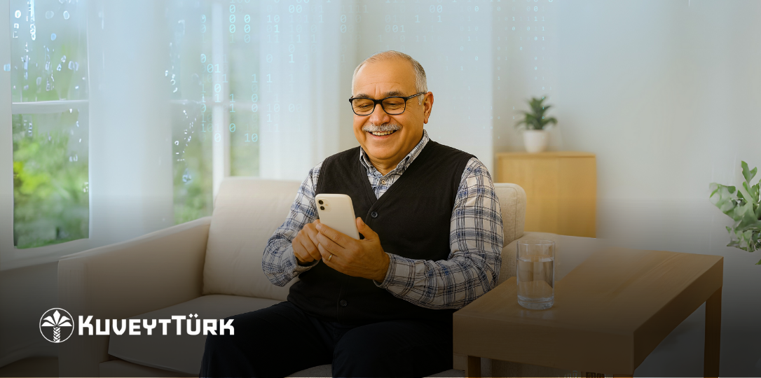 retired uncle looking at his phone and smiling