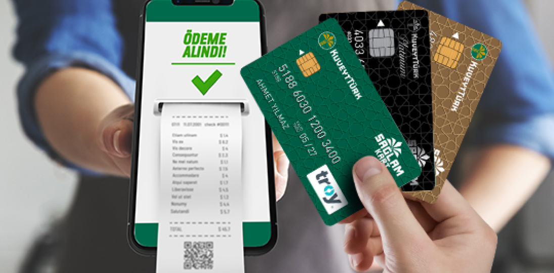 Mobile payment screen showing receipt with credit cards in hand