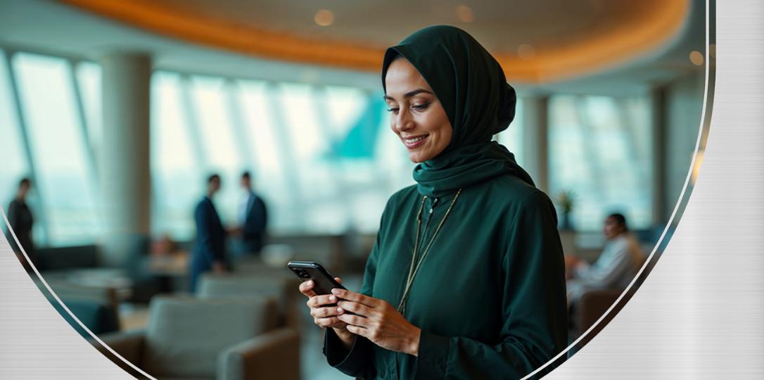 Female customer connecting to the internet from her phone abroad